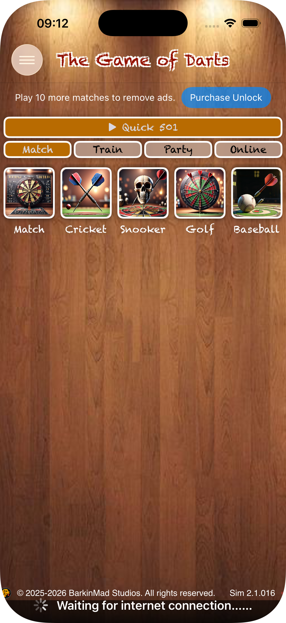 Game Of Darts main setup screen