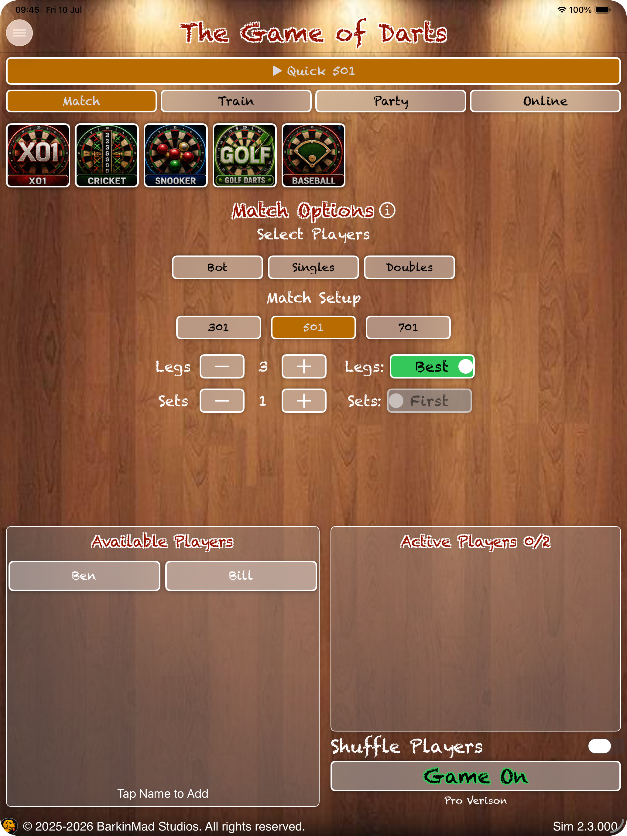 Game Of Darts match setup