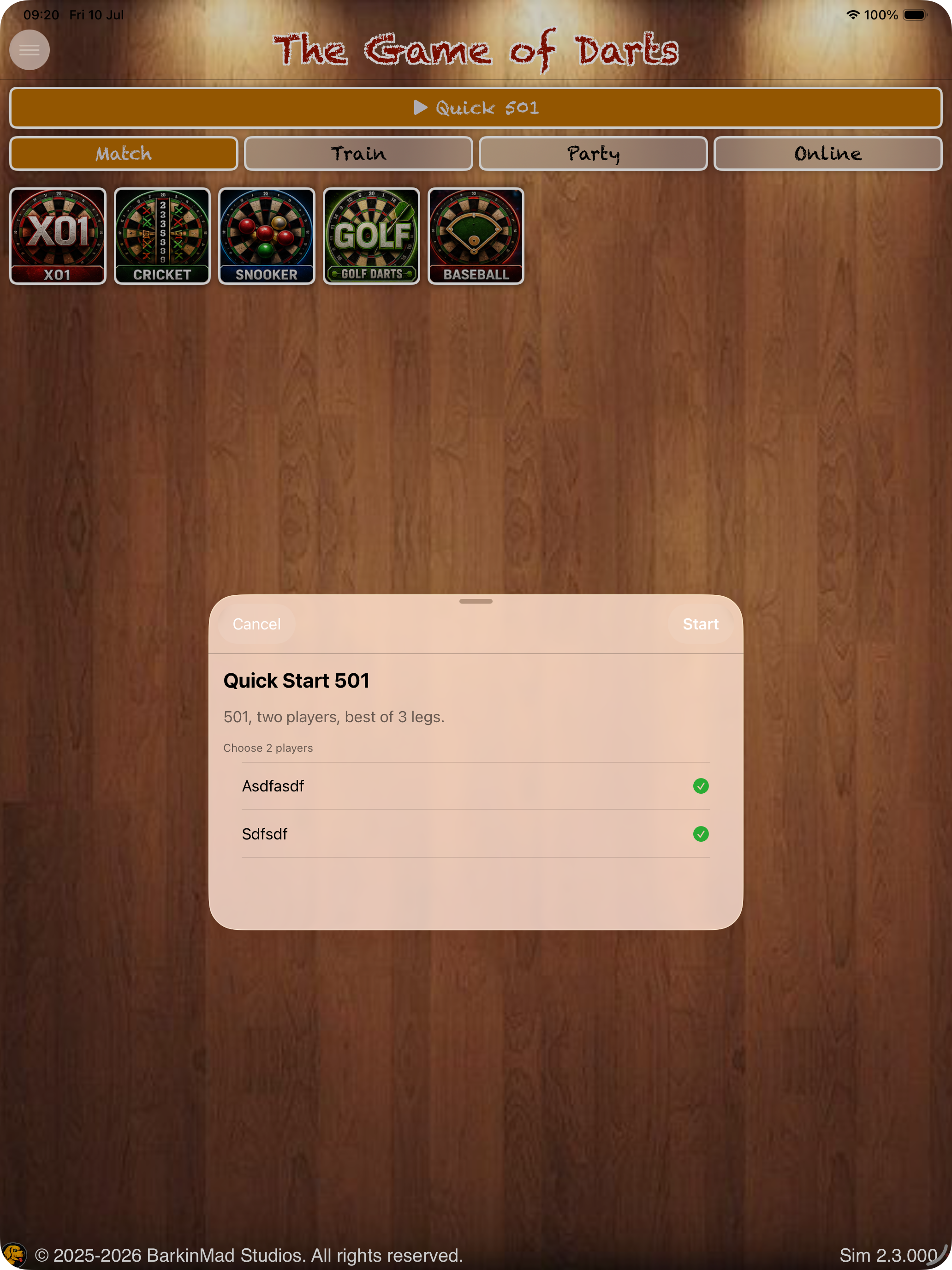 Game Of Darts main setup screen for quick match