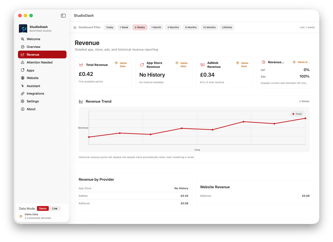 StudioDash dashboard showing app portfolio, revenue and connected services