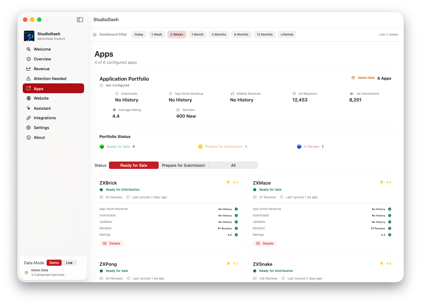 StudioDash analytics showing detailed app and provider information